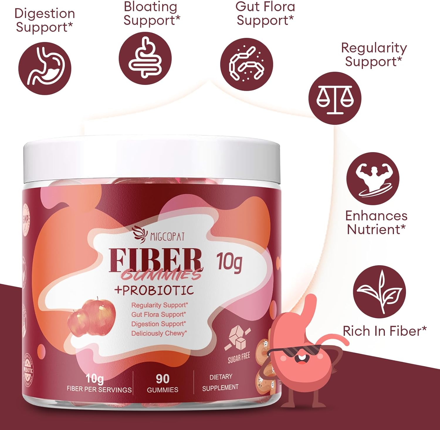 Sugar Free Fiber Supplement, 10g Fiber Gummies for Adults, Apple Flavor with Probiotics, Vitamin C, ACV, Inulin, Support Digestive Health, 90 Count (Pack of 2)