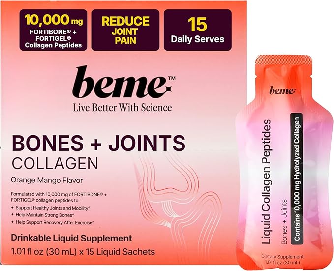 BeMe Bone & Joint Health Supplement - Liquid Collagen Peptides for Bone Density Support - 10,000mg FORTIBONE & FORTIGEL - German Engineered with Clinical Studies - 15 Sachets