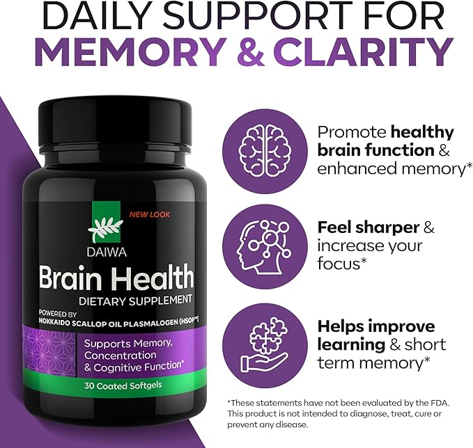 DAIWA Brain Health Omega-3 Supplement for Memory, Focus & Cognitive Wellness | Hokkaido Scallop Oil (HSOP) | Advanced Phospholipid Omega Forumla | 60 Softgels | 2 Pack