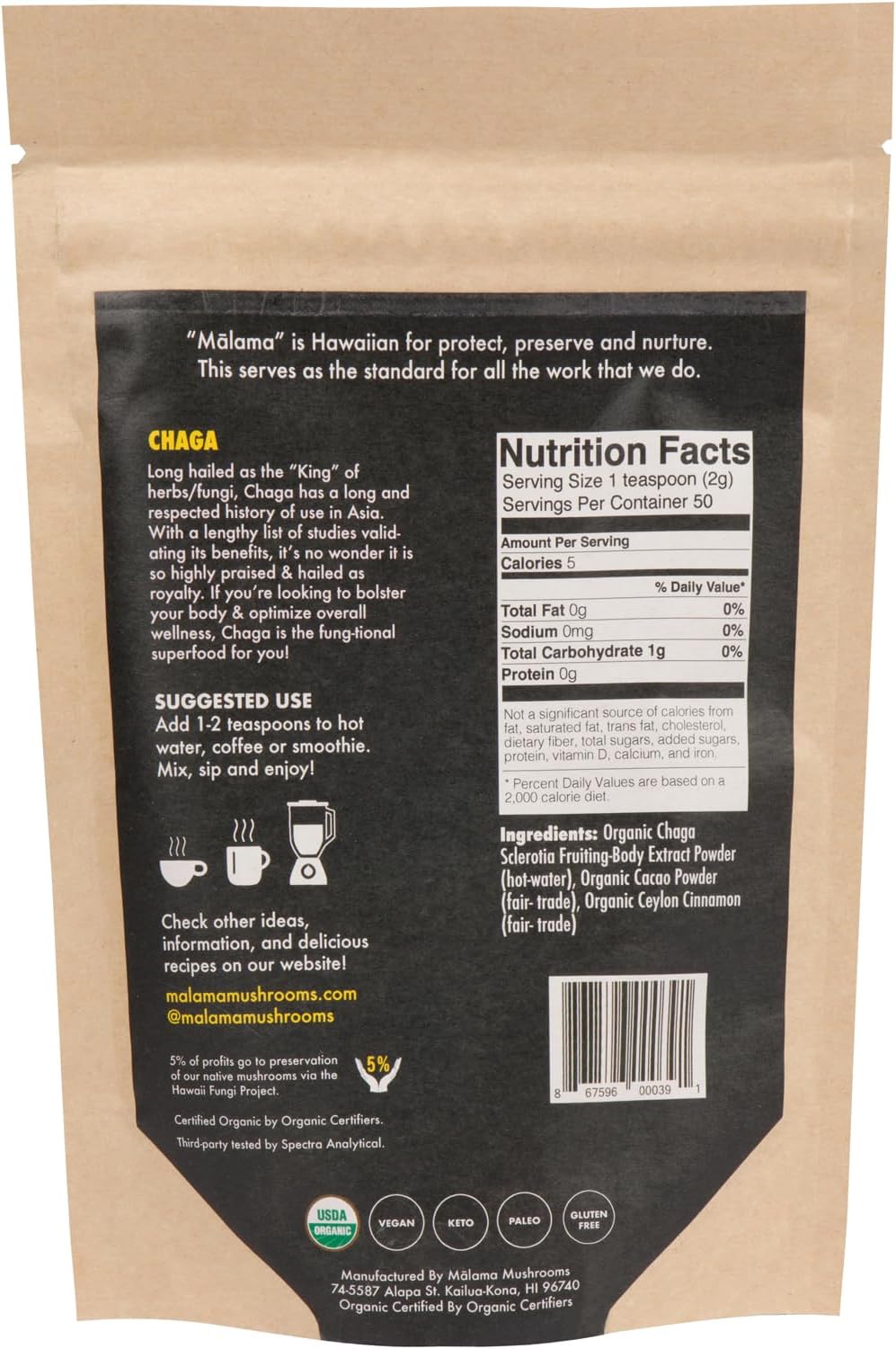 Malama Organic Mushroom Hot Cacao Mix, Chaga Mushroom Powder with Fair Trade Cacao for Immune & Antioxidant Support – Vegan Supplement & Superfood, Non GMO, 3.5 oz (50 Servings)
