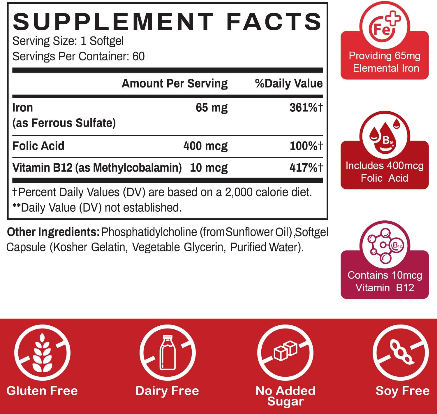 Liposomal Fe Iron Supplement for Women, 65 mg Iron Supplement with Folic Acid & Vitamin B12 for Men, Daily Blood & Energy Support for Adults Iron Deficiency 60 Softgels (2 Bottle)