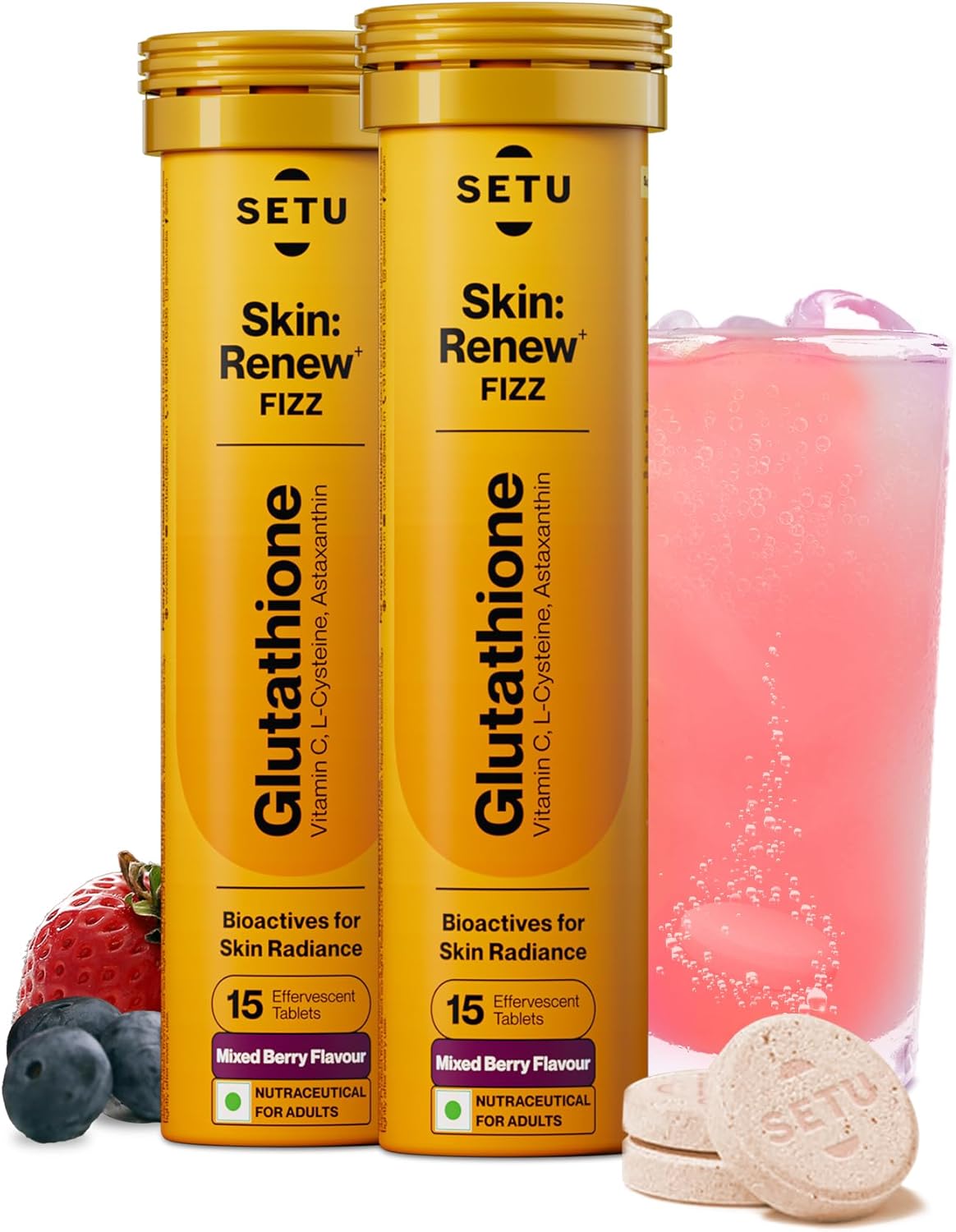 SETU Glutathione Effervescent Tablets with 500mg L-Glutathione & Vitamin C | Sugar-Free Antioxidant Supplement | Mixed Berry (Pack of 2)