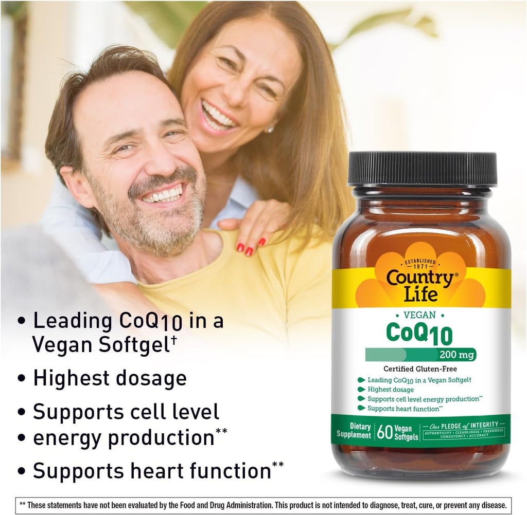 Country Life Simply CoQ10 200mg – Supports Heart Function & Cellular Energy, Vegan Softgels, Certified Gluten-Free, Non-GMO, 60 ct – Cardiovascular Health Supplement