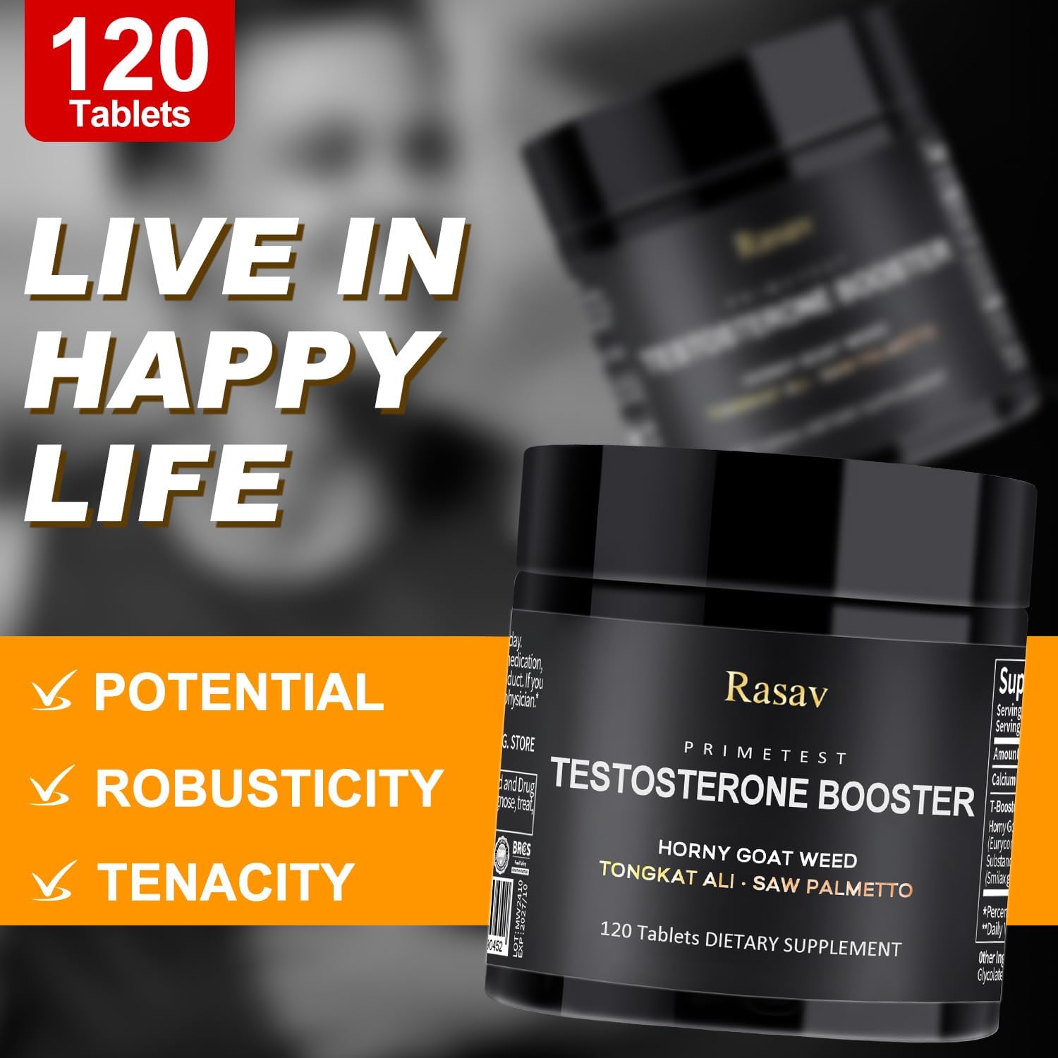 Rasav Horny Goat Weed and Tongkat Ali Supplement for Men, Testosterone Booster Supplement for Men, Male Enhancing Supplements, Supports Muscle Growth, Strength, Energy and Stamina, 120 Tablets