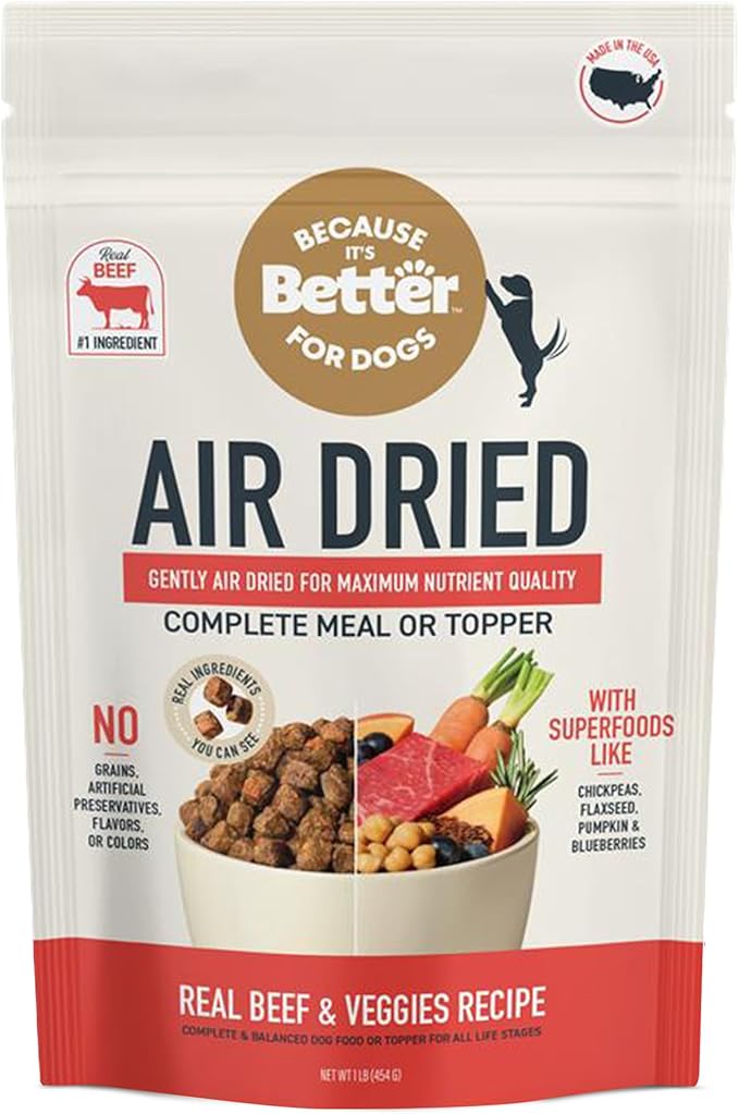 Because It's Better Slow Baked and Air Dried Dog Food, Real Beef and Veggies, 1lb Bag, Complete and Balanced Dry Dog Food, for All Life Stages