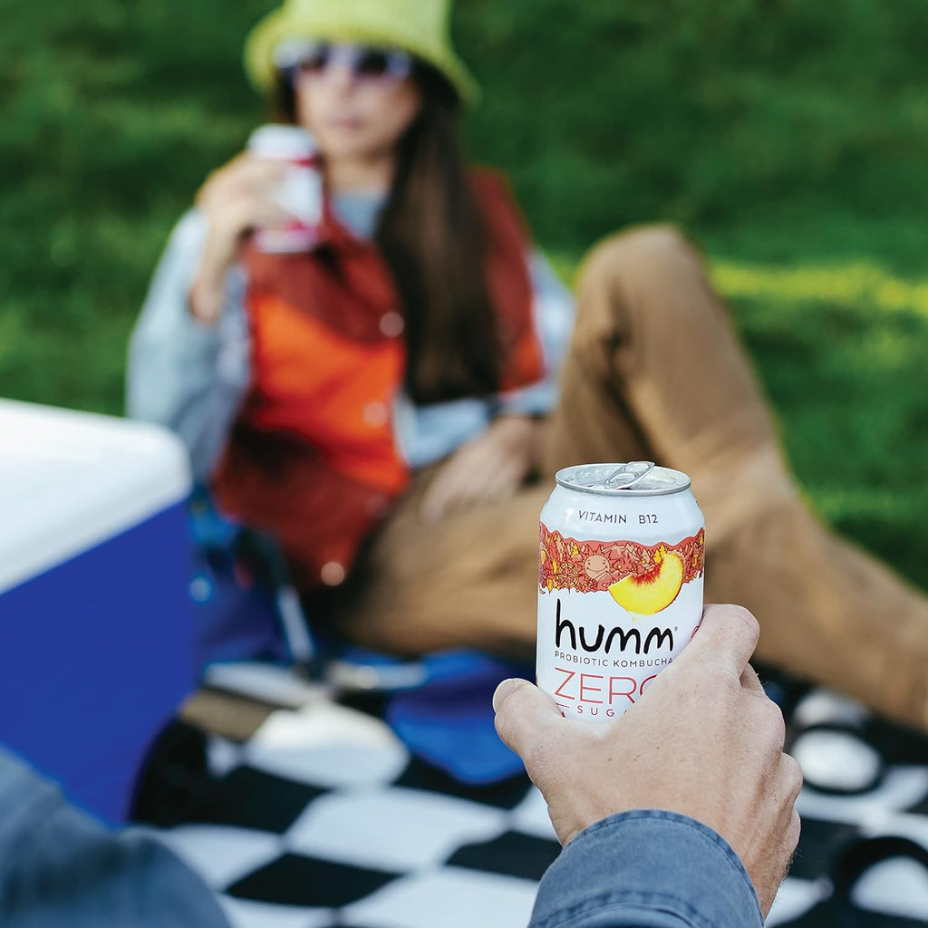 Humm Probiotic Kombucha Zero Sugar Peach Tea, No Refrigeration Needed, Keto Friendly, Organic, Vegan, Gluten Free, 12oz Cans (16 Pack)