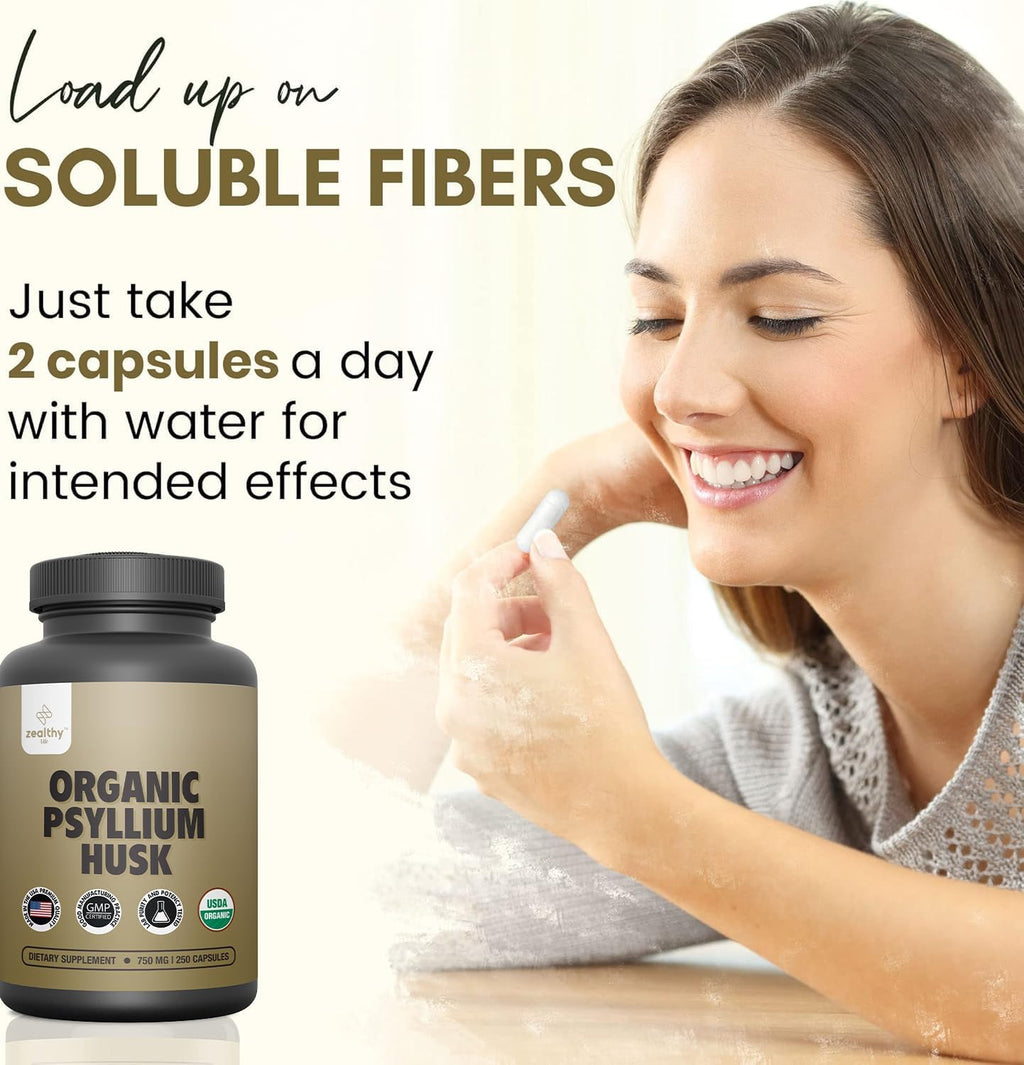 Organic Psyllium Husk Capsules, Natural Fiber Supplement for Gut Health* - Alternative to Psyllium Husk Powder, Zealthy Life, 250 Capsules