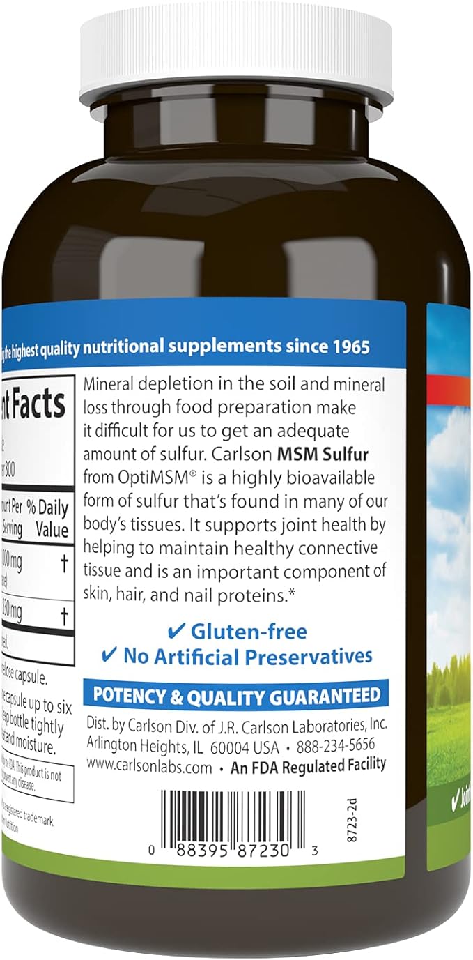 Carlson - M-S-M Sulfur, 1000 mg - Superior Bioavailability, Joint Function, Connective Tissue Support & Healthy Skin, 300 Vegetarian Capsules