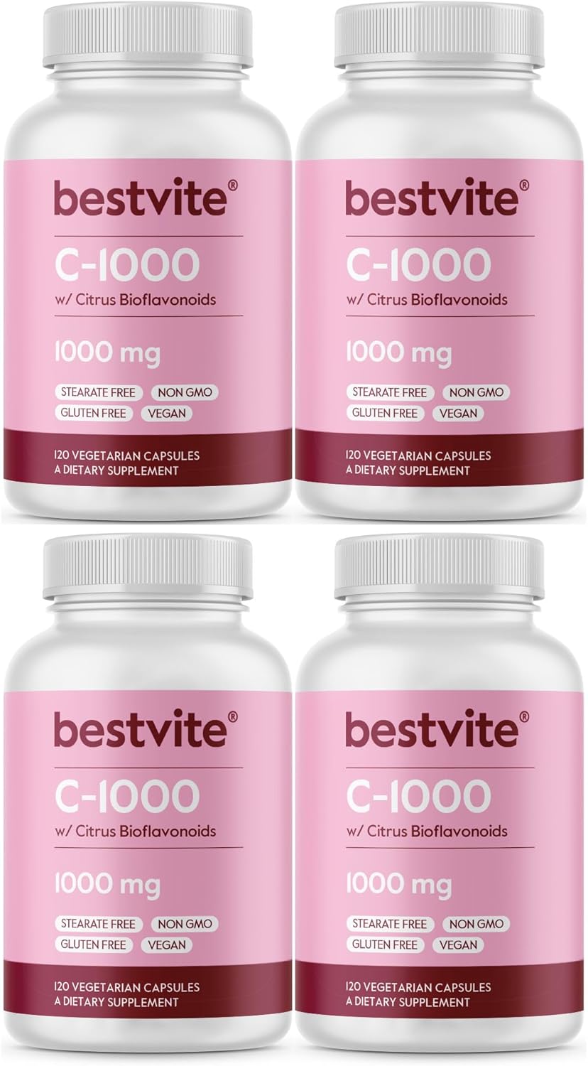 BESTVITE Vitamin C 1000mg (480 Vegetarian Capsules) (120 x 4) with Citrus Bioflavinoids - No Stearates - Vegan - Non GMO - Gluten Free