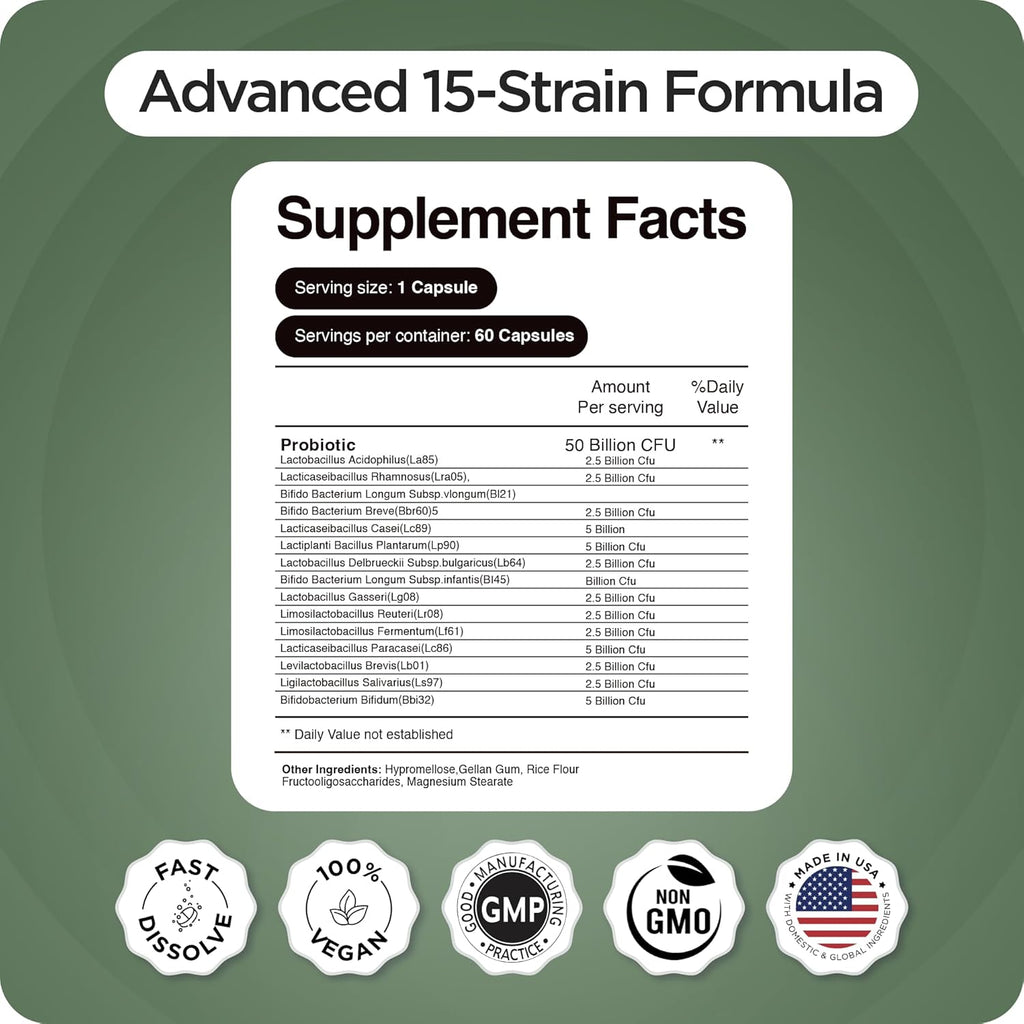 Probiotics 50 Billion CFU, 15 Strain Shelf Stable Formula with Targeted Release Technology, Digestive Health and Immune Support for Busy Professionals, 60 Vegetarian Capsules, 2 Month Supply