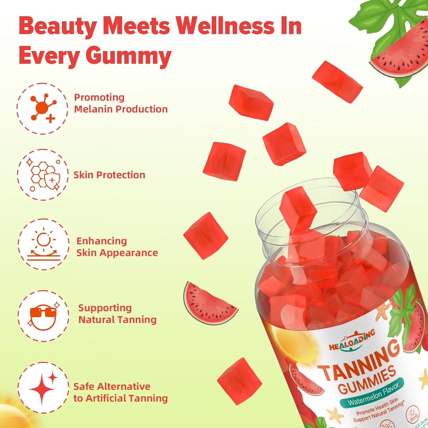 Tanning Gummies - Tan Bronzing Supplement with Astaxanthin Lycopene Beta Carotene Vitamins Supports Sun-Kissed Glow Non-GMO, Vegan Friendly (30-Day Supply)