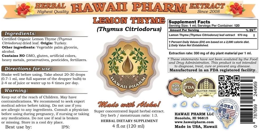 Lemon Thyme Liquid Extract, Lemon Thyme (Thymus Citriodorus) Dried Leaf Tincture Supplement 4 oz