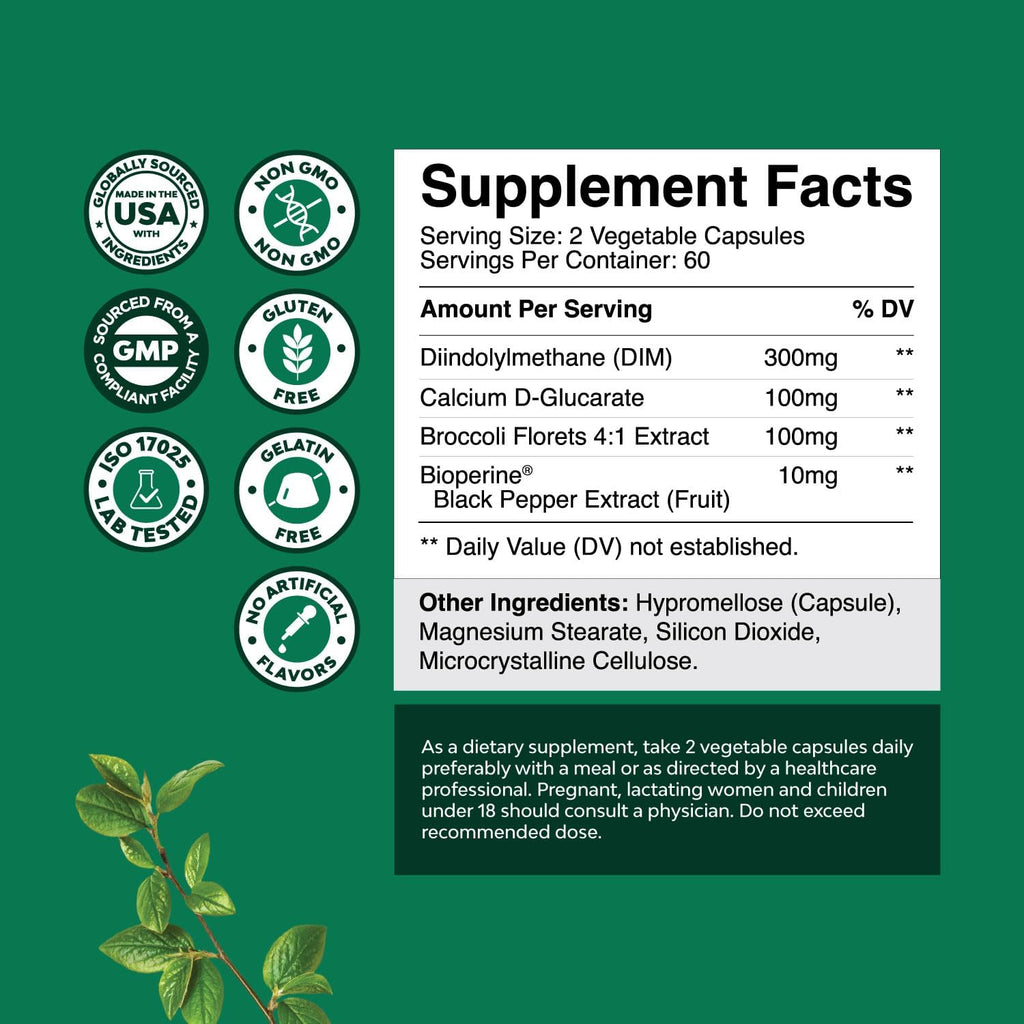 Extra Strength DIM Supplement for Men & Women - DIM + Bioperine Complex for Hormone Balance - Diindolylmethane with Calcium D-Glucarate & Broccoli Florets for Radiant Skin & Mood Support - 120 Count