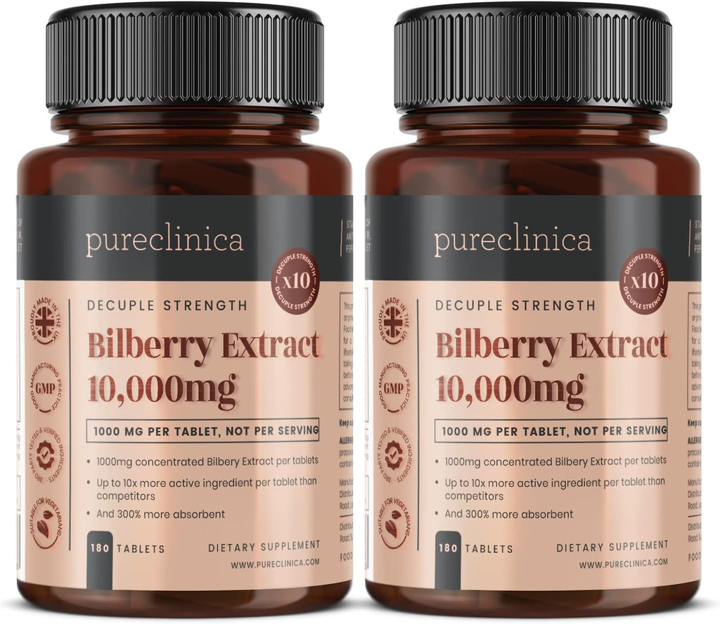 Bilberry Extract 10,000mg x 360 Tablets (2 Bottles) - 10 X More Anthocyanidins per Tablet Than Most Others - and 5mg Black Pepper Extract for 300% Increased Absorption
