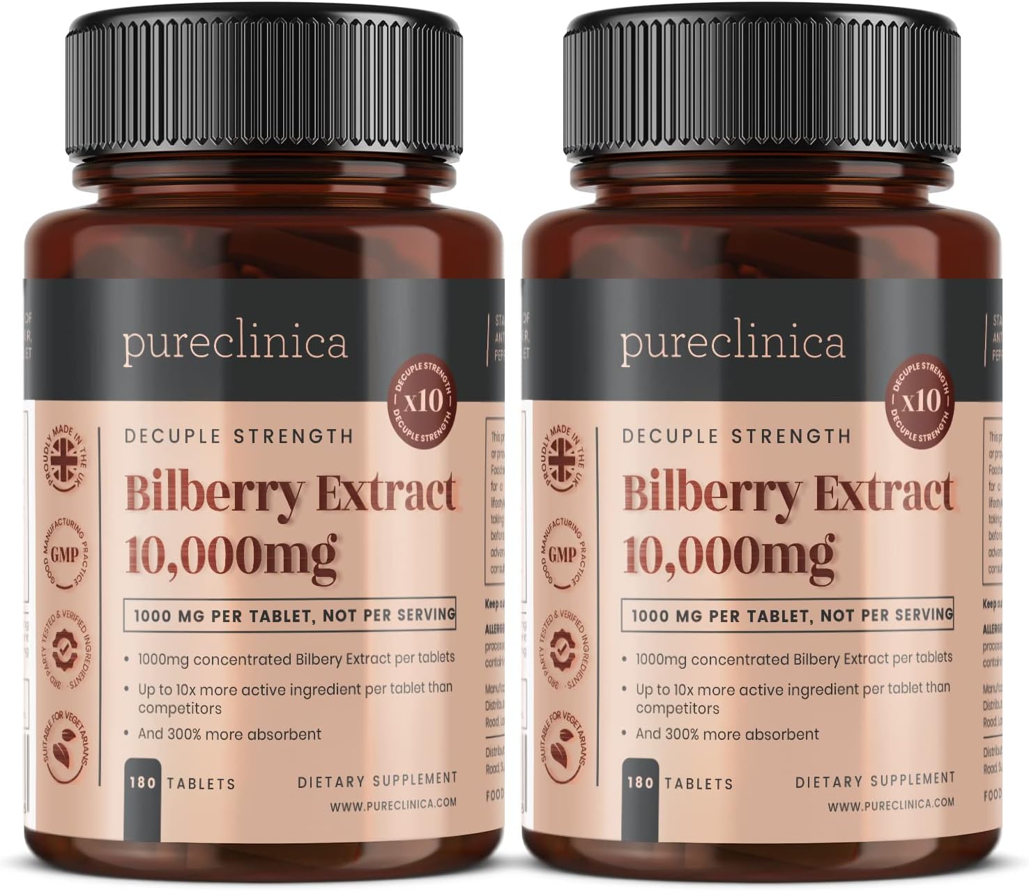 Bilberry Extract 10,000mg x 360 Tablets (2 Bottles) - 10 X More Anthocyanidins per Tablet Than Most Others - and 5mg Black Pepper Extract for 300% Increased Absorption