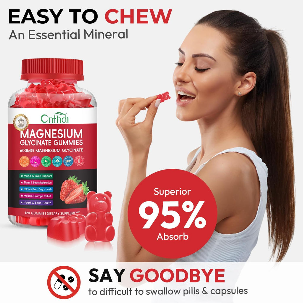 Magnesium Glycinate Gummies Sugar Free for Kids & Women, High Absorption Manganese Glycinate with L-Threonate, Calcium, B6, D3, Chews Gummies, Relaxation, Stress Relief, Night Rest