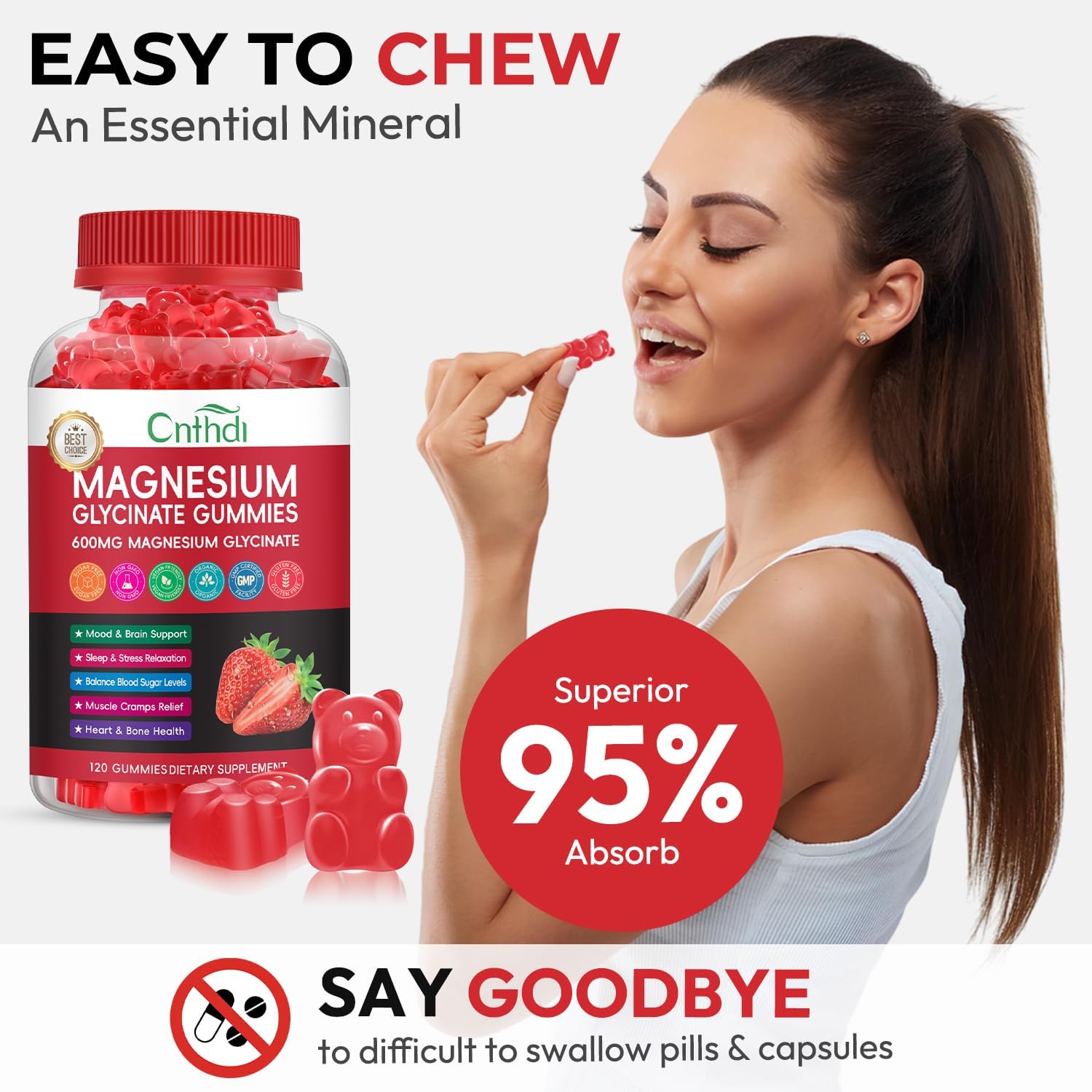 Magnesium Glycinate Gummies Sugar Free for Kids & Women, High Absorption Manganese Glycinate with L-Threonate, Calcium, B6, D3, Chews Gummies, Relaxation, Stress Relief, Night Rest