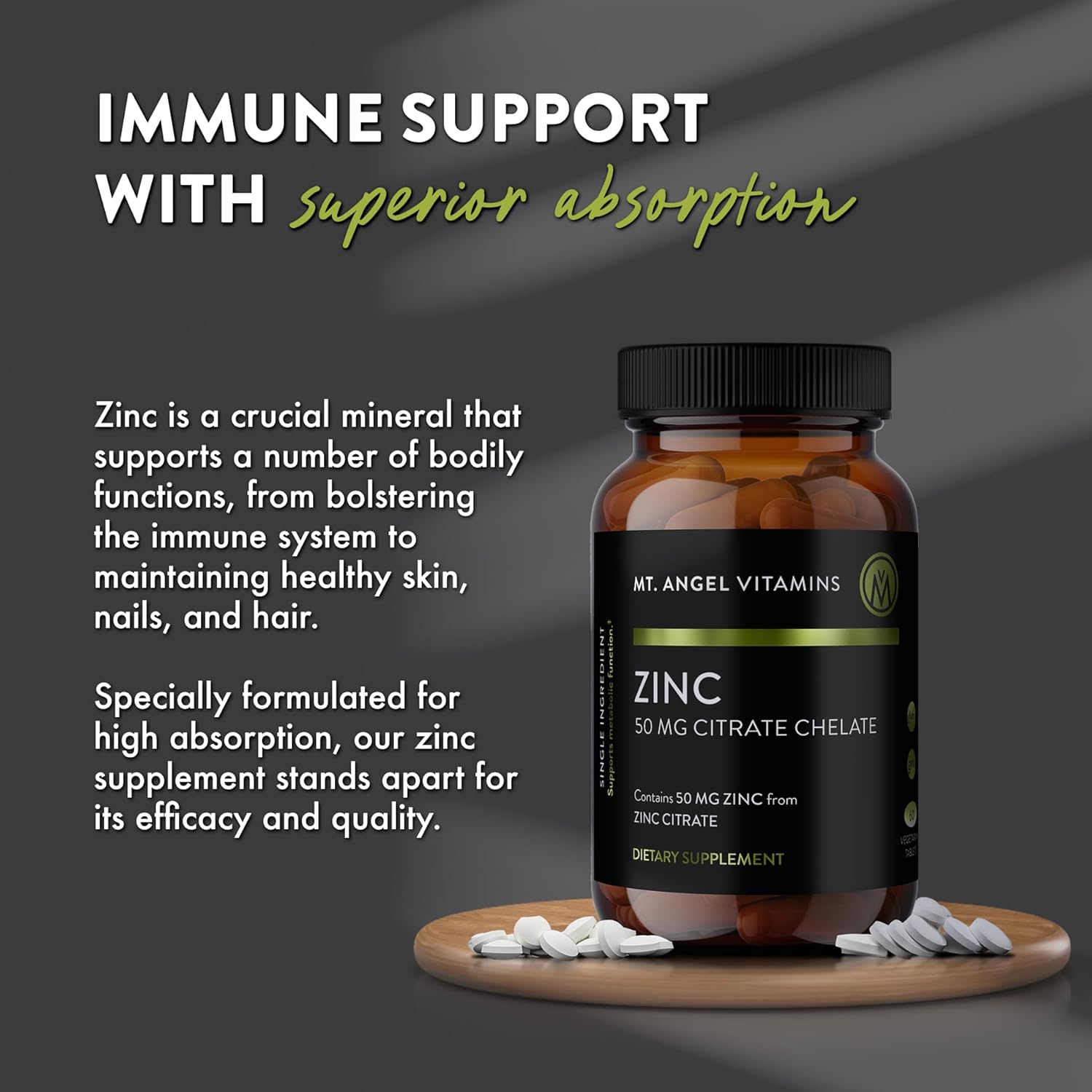 Mt. Angel Vitamins - Zinc Citrate 50mg - Zinc 50 mg Citrate Chelate - Natural Zinc Supplements Made in USA - 60 Vegetarian Tablets