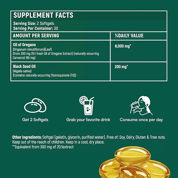 Softgels with Black Seed Oil 6000mg – Organic Oregano Oil Capsules for Immune & Digestive Support – Non-GMO, Gluten-Free Softgels – Natural Herbal Wellness Supplement Pack of 3