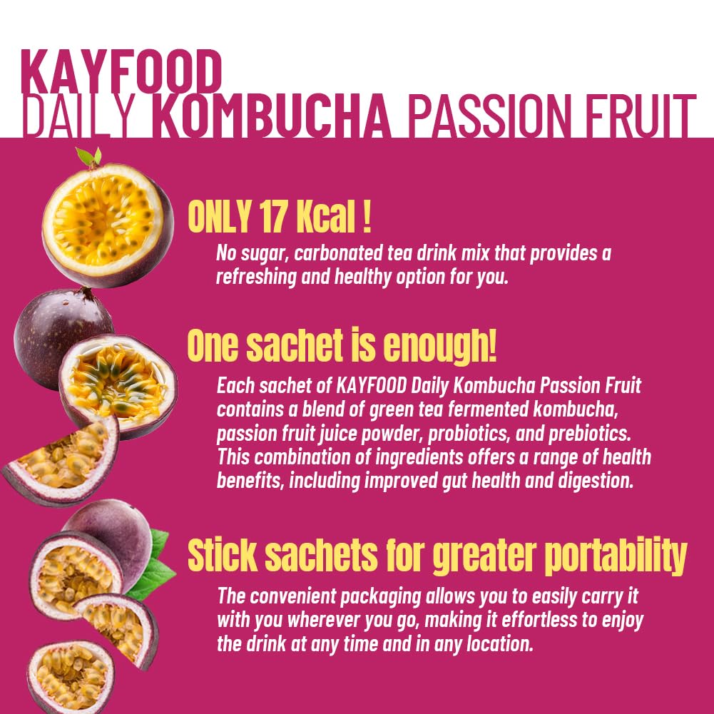 KAYFOOD-Kombucha-Passionfruit-Garden-Daily 20 Sticks with Gift Bottle Zero Sugar, Diet, Gut Healthy Sparkling Beverage, Fermented Korean Drinks for Iced, Hot, Workout Tea 3.52oz (100g)