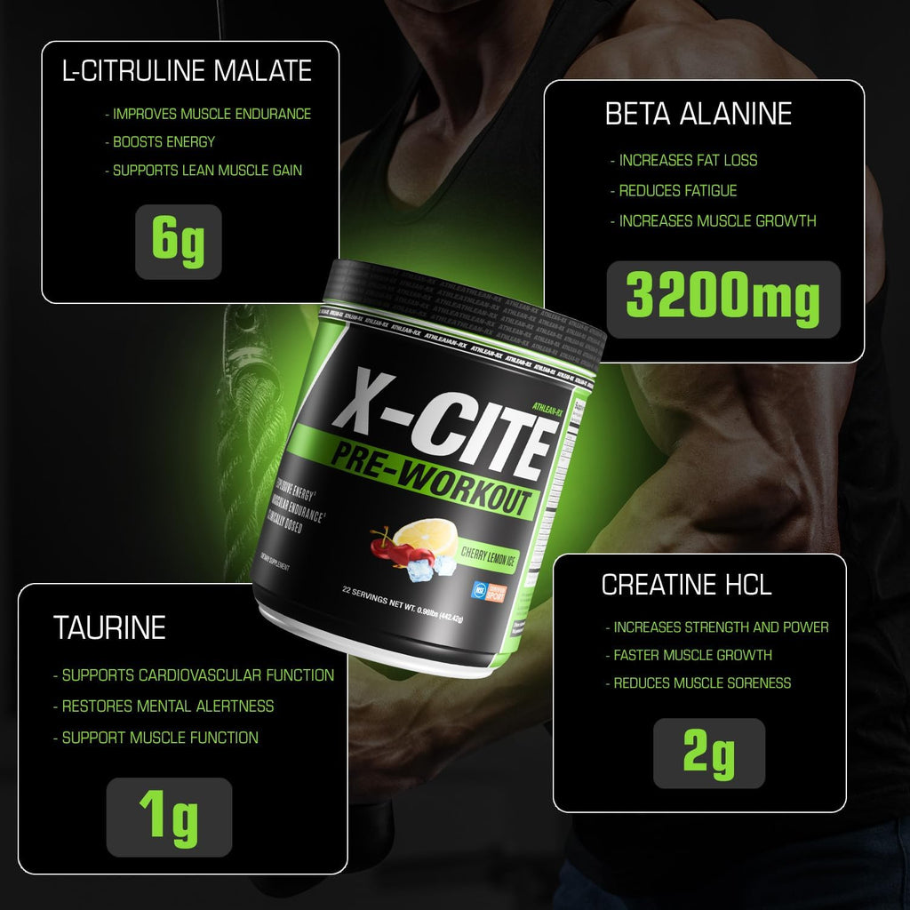 X-CITE Pre-Workout by ATHLEAN-X - Enhanced Formula with Beta-Alanine, Creatine & Caffeine for Ultimate Energy, Endurance, Focus & Muscle Pump, NSF Certified for Sports (22 Servings, Cherry Lemon Ice)