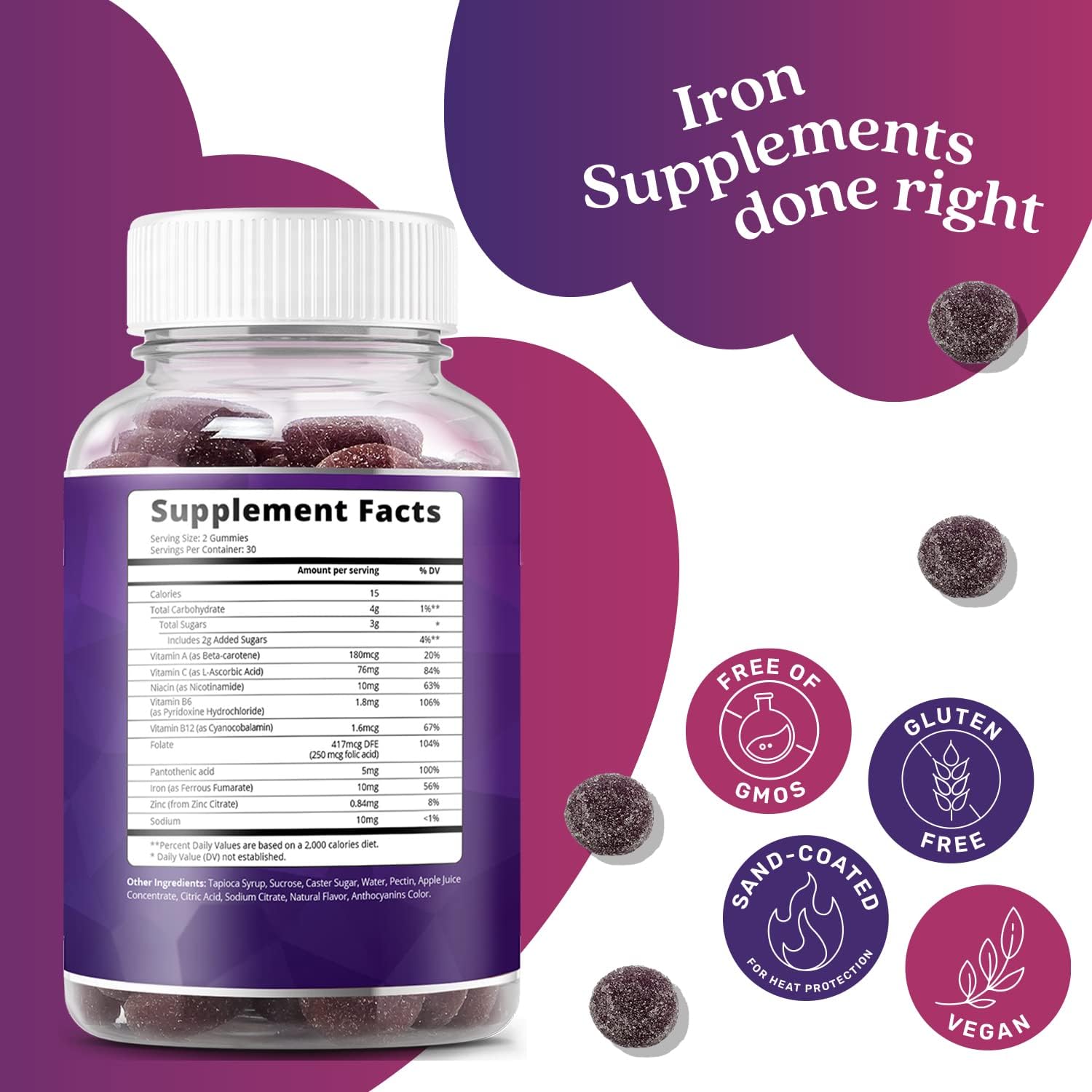 BeLive Iron Gummies - Multivitamin Iron Supplement with Vitamin C, A, B & Zinc, Supports Blood Oxygen, Vegan Supplements for Women, Men & Kids for Growth and Development - Grape Flavor | 3-Pack