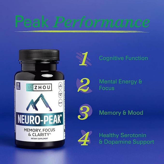 ZHOU Brain & Energy Support Bundle - Nootropic Brain Supplement for Memory & Focus, 200mg L-Theanine & 100mg Caffeine Pills, Natural Caffeine Boost - Energy + Focus (60 Caps) & Neuro-Peak (30 Caps)