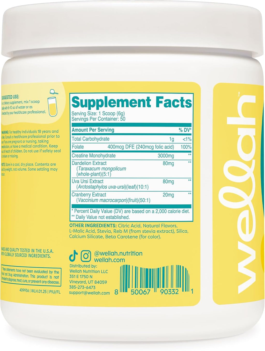 Wellah Creatine for Women - Creatine Monohydrate with Dandelion & Cranberry Extract (50 Servings, Frozen Lemonade)