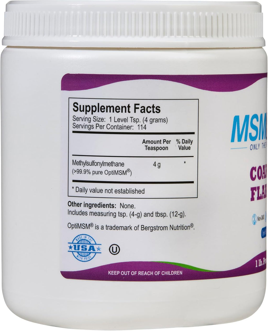 KALA HEALTH MSMPure Coarse MSM Powder Flakes – US-Made MSM for Joint Health, Skin Appearance, and Hair & Nail Support – 1 lb, Organic Sulfur