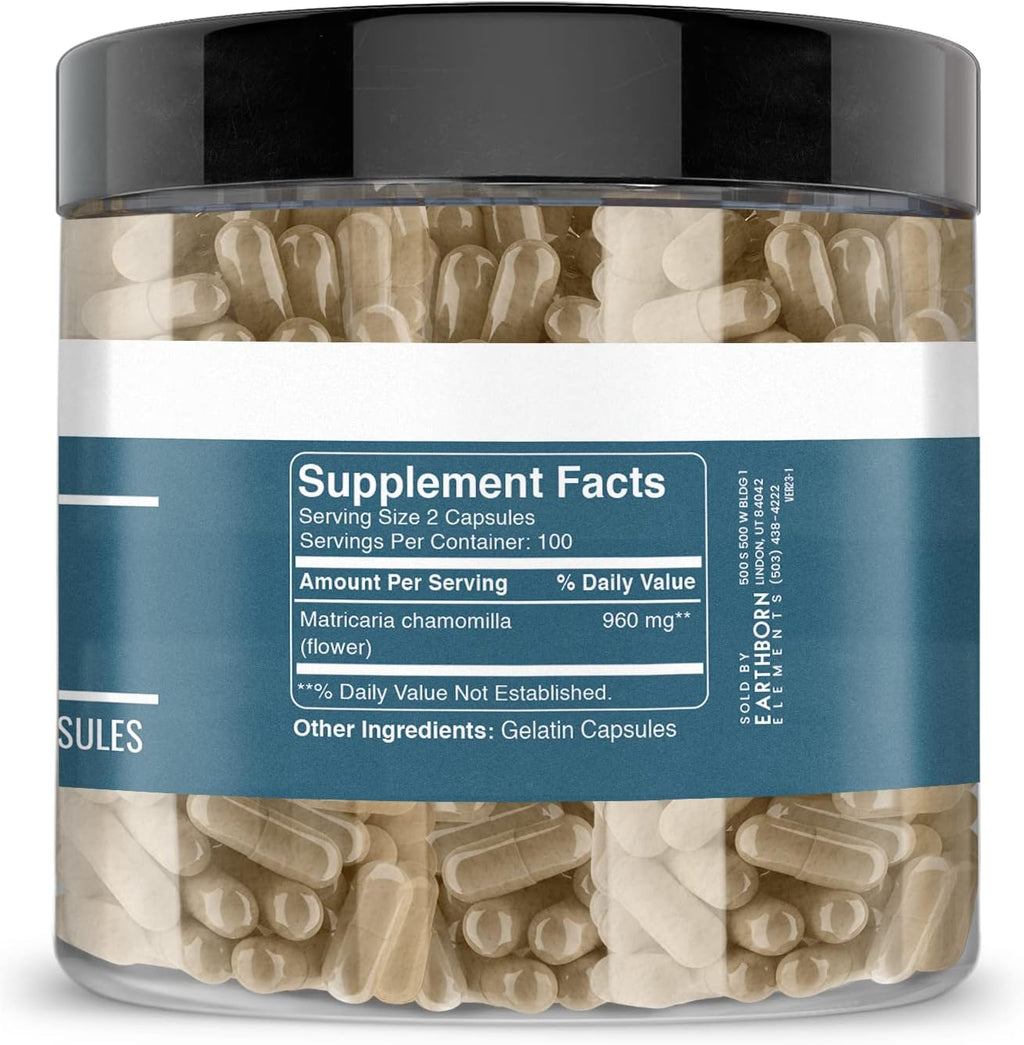 Earthborn Elements Chamomile Extract 200 Capsules, Pure & Undiluted, No Additives