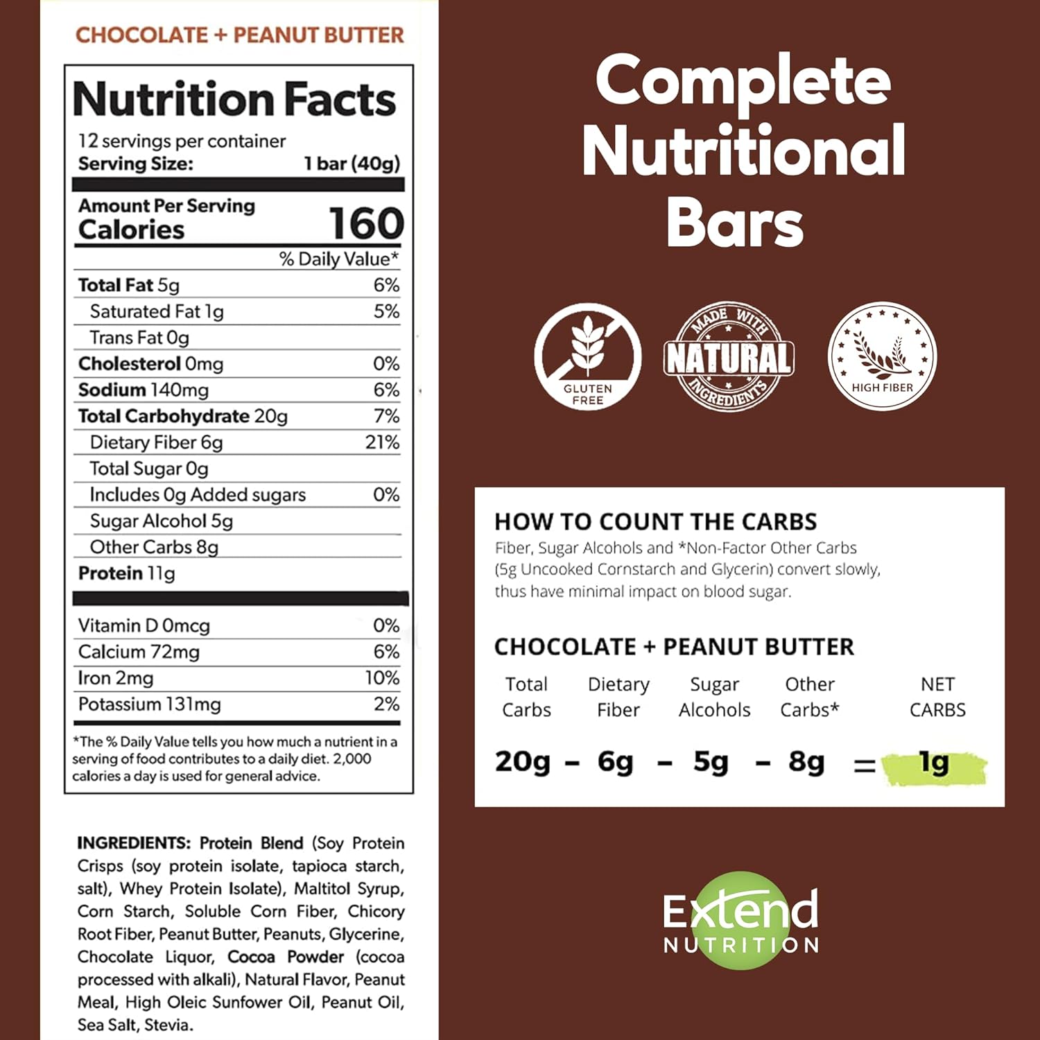 Extend Sugar Free Protein Bars, Perfect Diabetic Snacks, High Protein and Fiber, Hunger Control & Steady Energy, Low Carb, Keto Friendly (12 Count, Chocolate Peanut Butter)