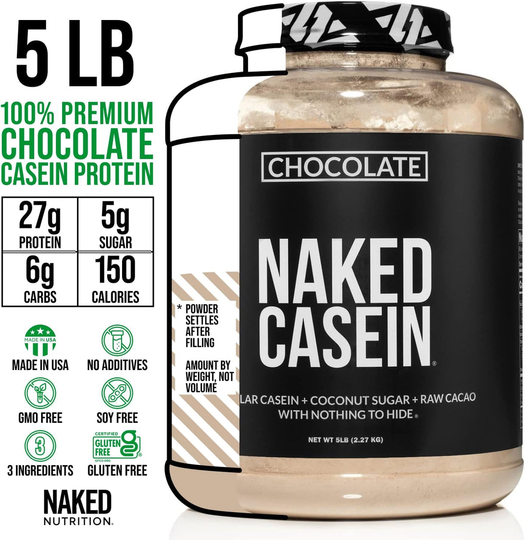 Naked Chocolate Casein - Chocolate Micellar Casein Protein - 5 Pound Bulk, GMO-Free, Gluten-Free, Soy-Free, Preservative-Free - Stimulate Muscle Growth - Enhance Recovery - 60 Servings