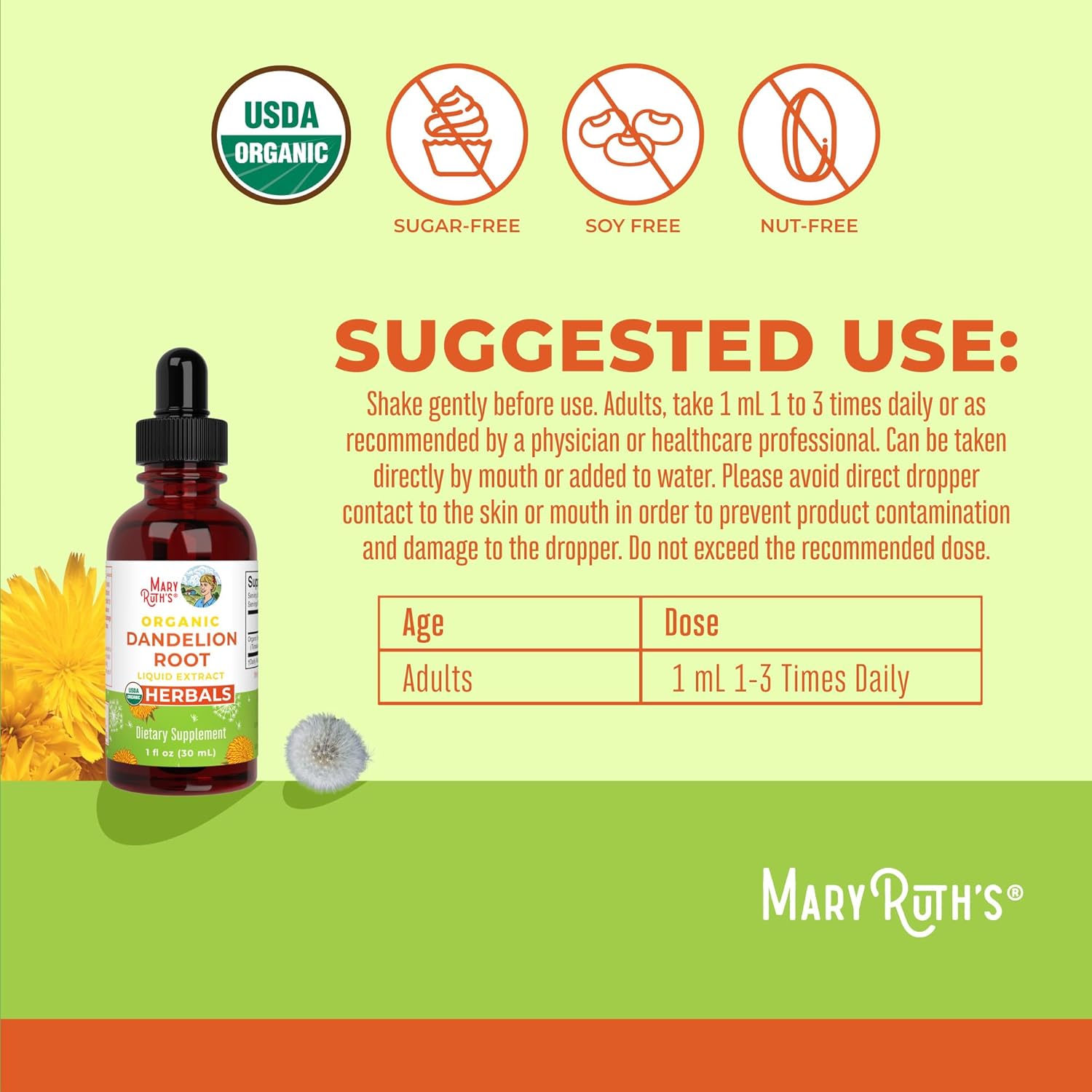 Organic Dandelion Root Extract by MaryRuth's | USDA Organic | Easy-to-Take | Liquid Dandelion Root Supplement | Herbal Extract | Vegan | Gluten Free | Sugar Free | Non-GMO | 30 Servings