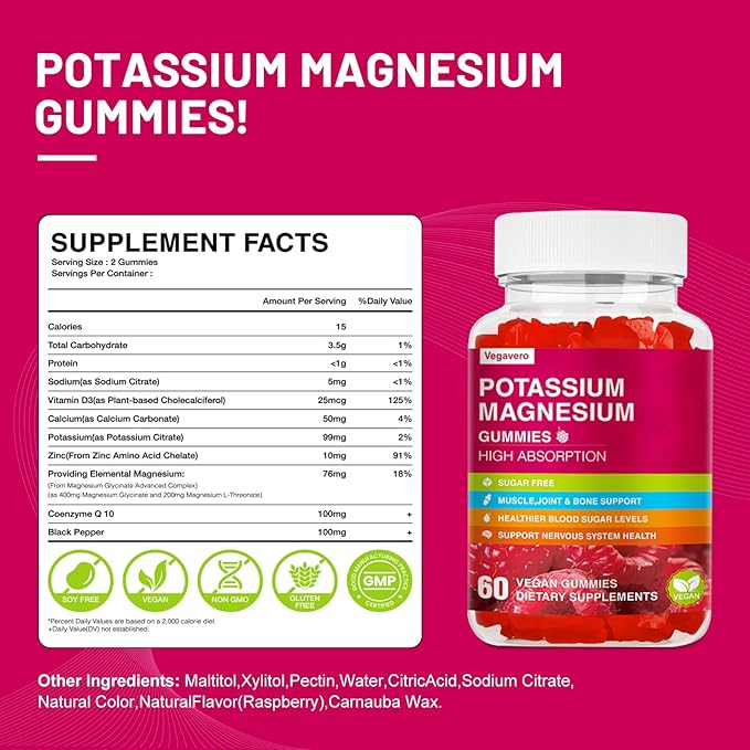 Potassium Magnesium Gummies - High Absorption Magnesium Glycinate & Potassium Citrate Plus Coenzyme Q10, DHA, D3, Mineral & Calcium for Zzz, Leg Cramps & Muscle - 60 Raspberry Gummies