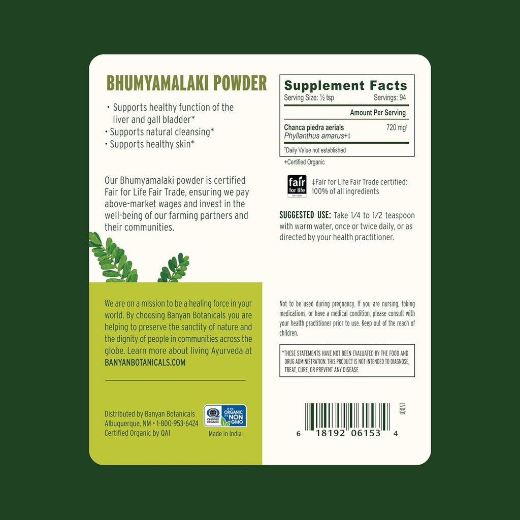 Banyan Botanicals Bhumyamalaki Powder – Organic Bhumyamalaki (Phyllanthus spp.) Herb Powder – Bitter & Cooling – Natural Ayurvedic Liver Detox* – 3 oz – Non-GMO Sustainably Sourced Vegan