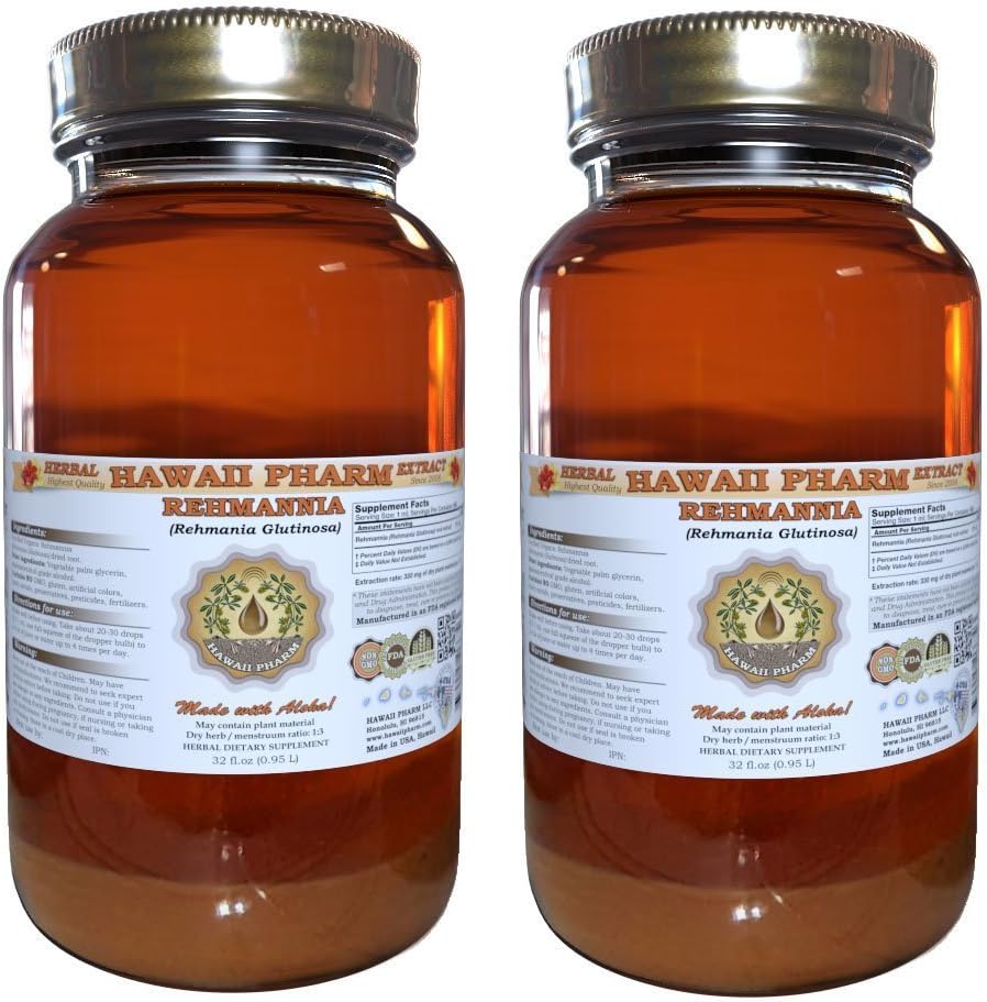 Rehmannia Liquid Extract, Organic Rehmannia (Rehmania Glutinosa) Tincture, Herbal Supplement, Hawaii Pharm, Made in USA, 2x32 fl.oz