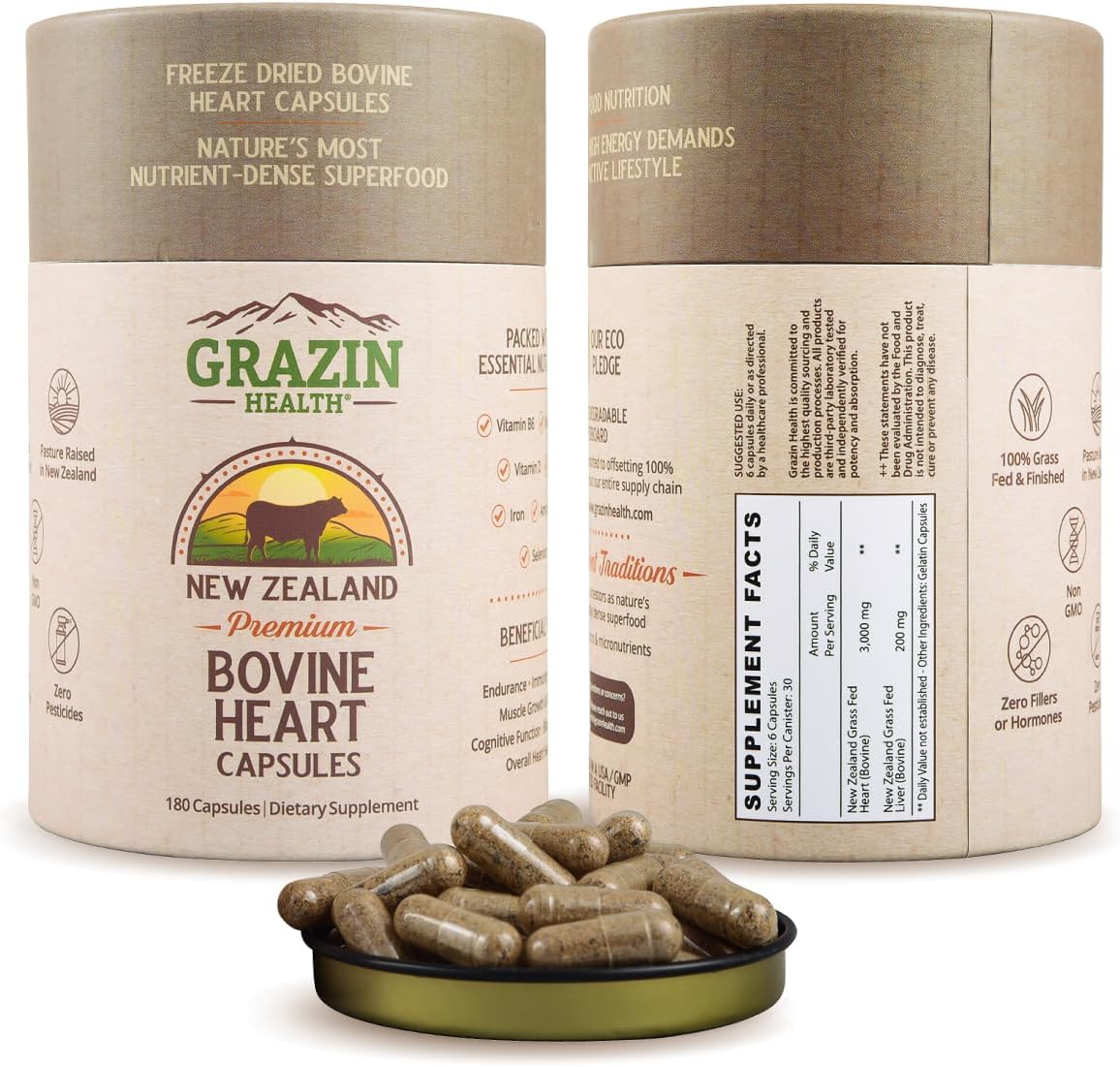 Grass Fed Bovine Heart Capsules: 3000 Mg Heart/ 200 Mg Liver/Serving (30 Servings)