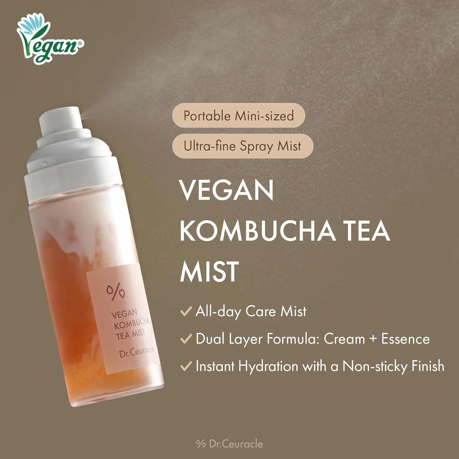 Dr.Ceuracle Vegan Kombucha Tea Mist - Hydrating Face Mist, Portable Milky Spray Serum, Korean Skincare (80 ml / 2.70 fl. oz.)