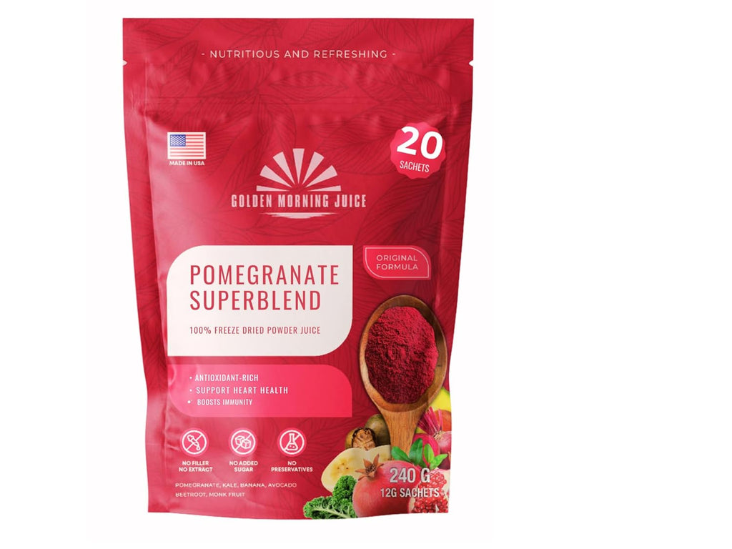 Pomegranate Superblend 100% Freeze Dried Powder Juice, Pomegranate, Avocado, Kale, Beets, Banana, Monk Fruit, No Sugar added.