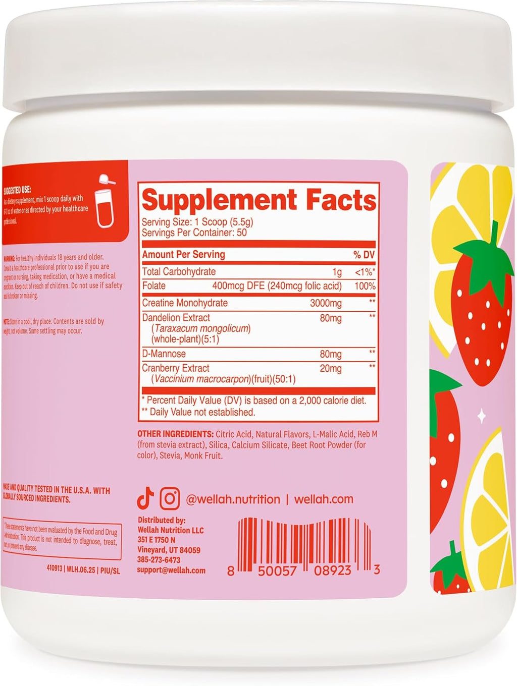 Wellah Creatine for Women - Creatine Monohydrate with Dandelion & Cranberry Extract (50 Servings, Strawberry Lemonade)