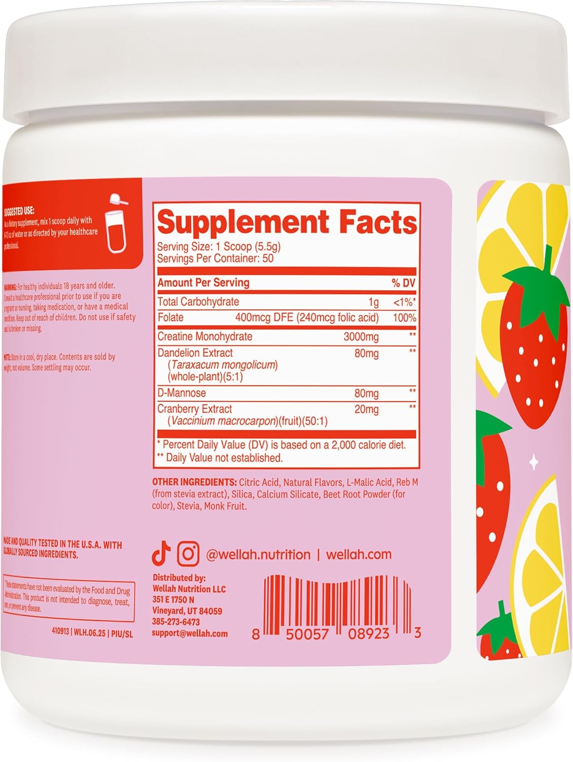 Wellah Creatine for Women - Creatine Monohydrate with Dandelion & Cranberry Extract (50 Servings, Strawberry Lemonade)