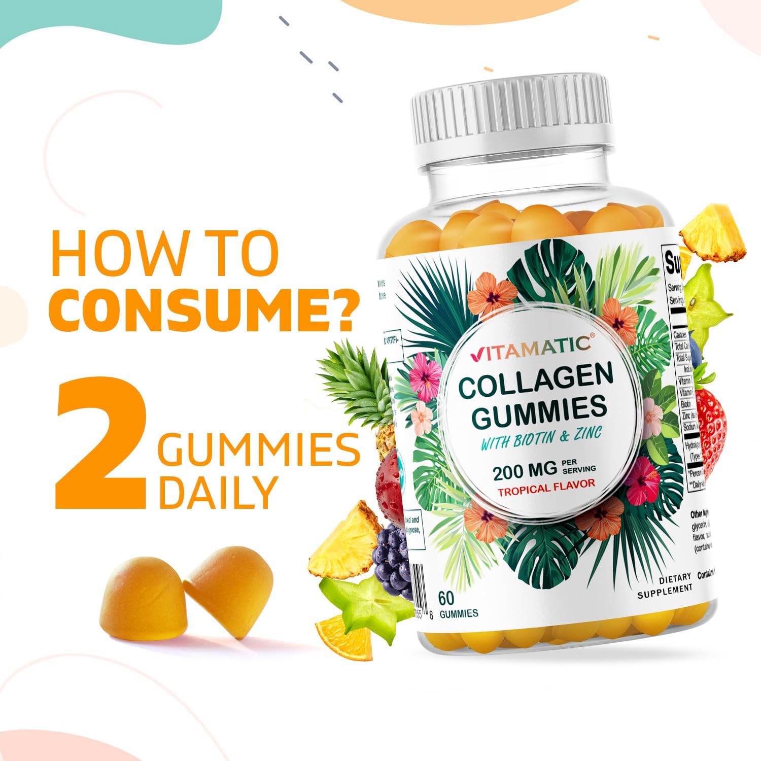 Vitamatic Hydrolyzed Collagen Gummies with Vitamin C, Zinc and Biotin, 200 mg - Healthy Skin Support - 60 Gummies