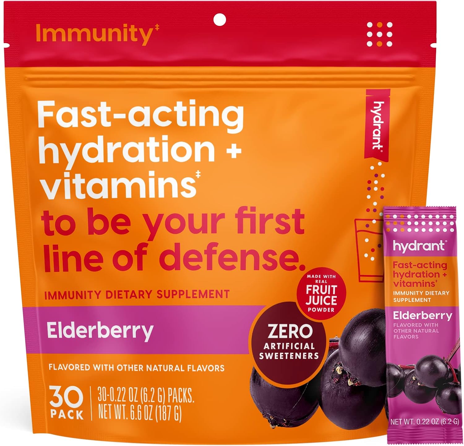 Hydrant - Immunity Electrolyte Powder, Elderberry Flavor, 30 Instant Rehydration Stick Packs - Electroyte Blend with Vitamin C, Vitamin D, and Zinc for Immune Support