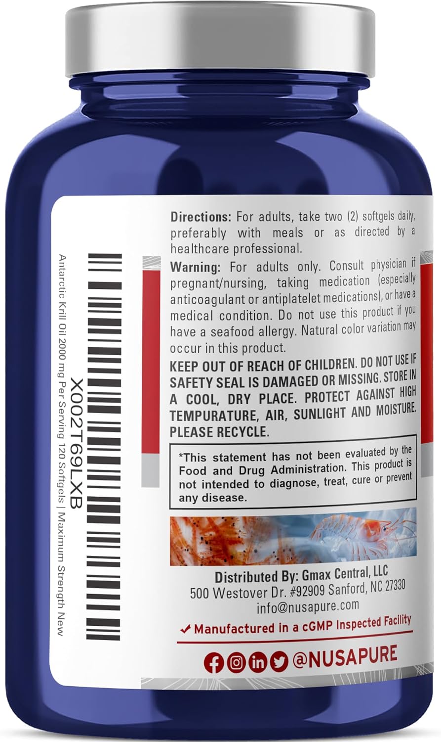 NusaPure Antarctic Krill Oil 2000 mg 120 Softgels, Omega-3 EPA 360mg, DHA 240mg, Soyfree Astaxanthin Supplement Sourced from Krill 800ppm