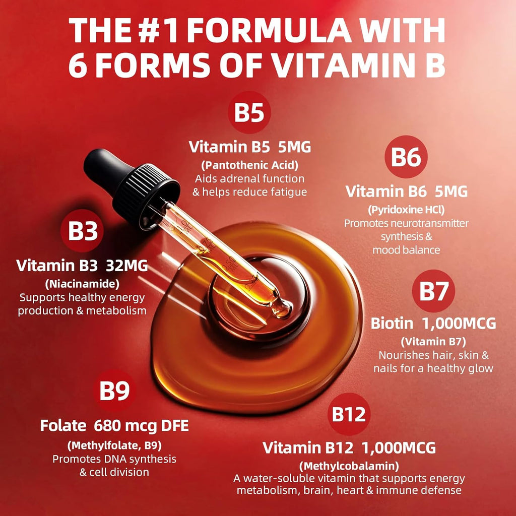 Super B Complex Liquid | B12 Methylcobalamin + Methyl Folate | B Vitamins Complex Liquid Drops with B3,B5,B6,B7, Ashwagandha & L-Theanine for Energy, Focus & Immunity, 4 fl Vegan Raspberry