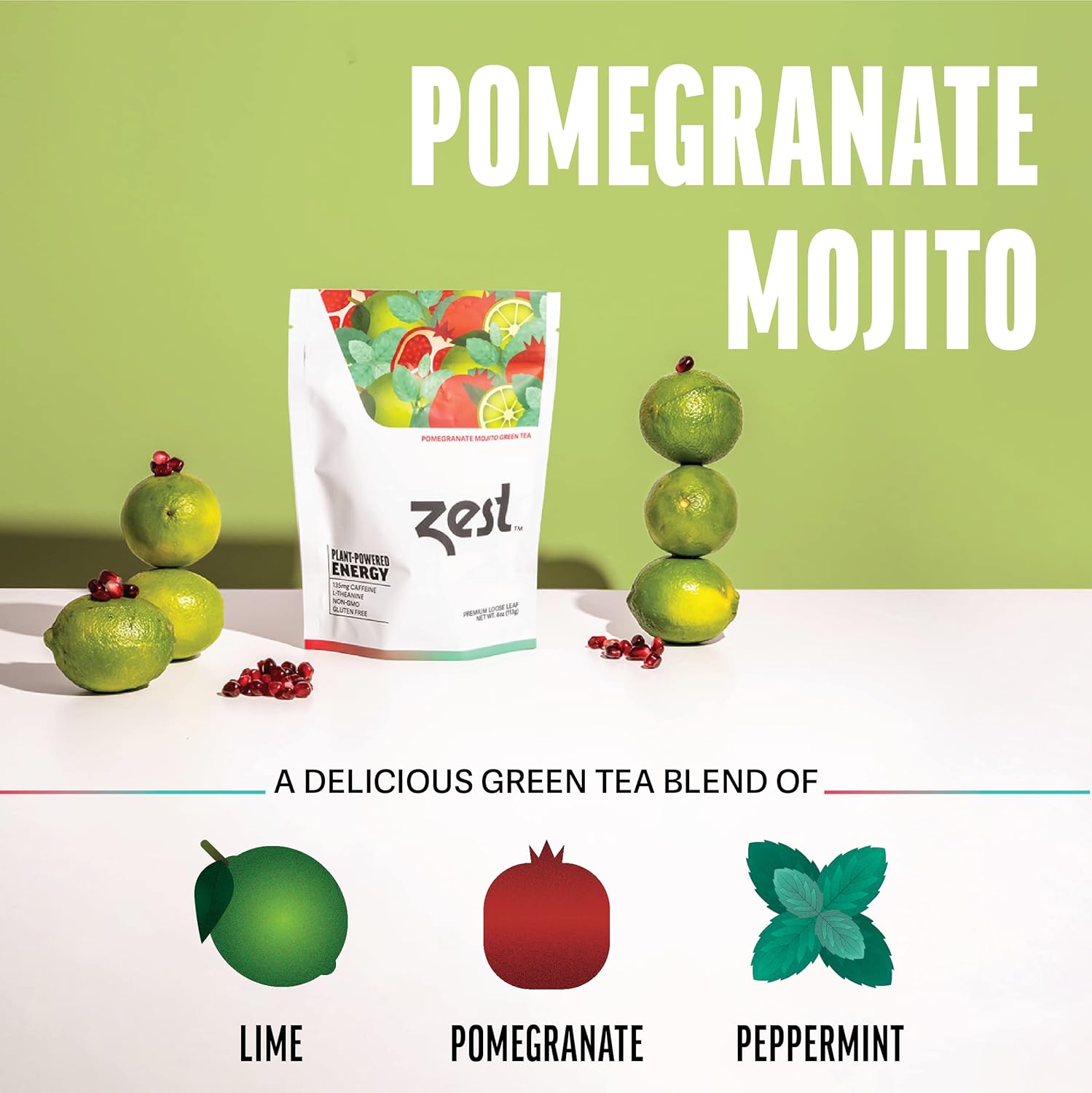 Zest 135mg High Caffeine Energy Loose Leaf Blend - Pomegranate Mojito Green Tea - 4 Oz - All Natural Strong Flavored Healthy Coffee Alternative Highly Caffeinated Substitute - Perfect for Keto