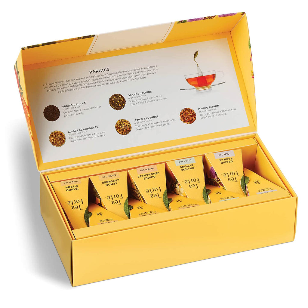 Tea Forte Paradis Petite Presentation Box Tea Gift Set Sampler, 10 Count, 2 of Each Variety Individually Wrapped Handcrafted Pyramid Infuser Bags