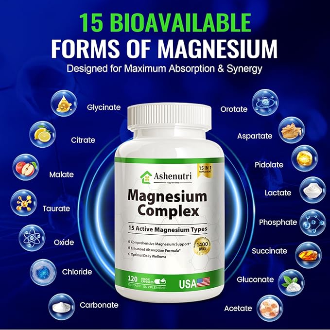 Magnesium Complex with 15 Types Magnesium Glycinate Citrate Malate Taurate Oxide Carbonate Chloride Orotate Magnesio Muscle, Heart, Relaxation & Nerves 120 Vegan Capsules, 60-Day Supply
