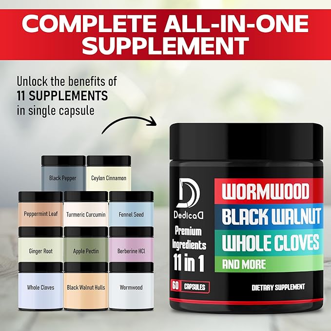 Wormwood Capsules Supplement - Extracted from Black Walnut, Cloves, Turmeric, Apple, Berberine HCl & More - 11 Ingredients Combined for Immune System, Body Management - 60 Capsules