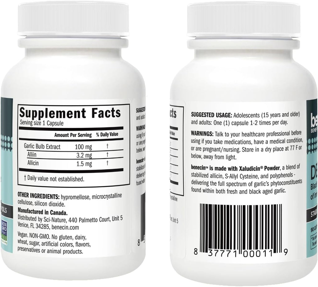 Benecin Defense 1500 mcg Stabilized Allicin per Capsule | Plus high Amounts of SAC & Polyphenols from Black Garlic | Powerful Support of Immune & Heart Function Vegetarian Caps (1 Count (Pack of 180))
